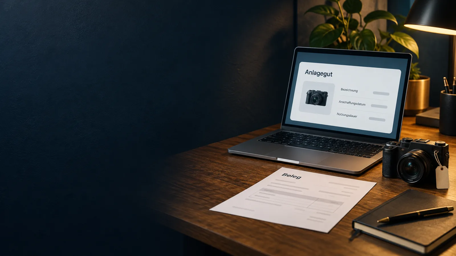 Laptop mit einer fiktiven Anlagenkarte für eine Kamera neben Kaufbeleg und Kamera mit Inventaranhänger