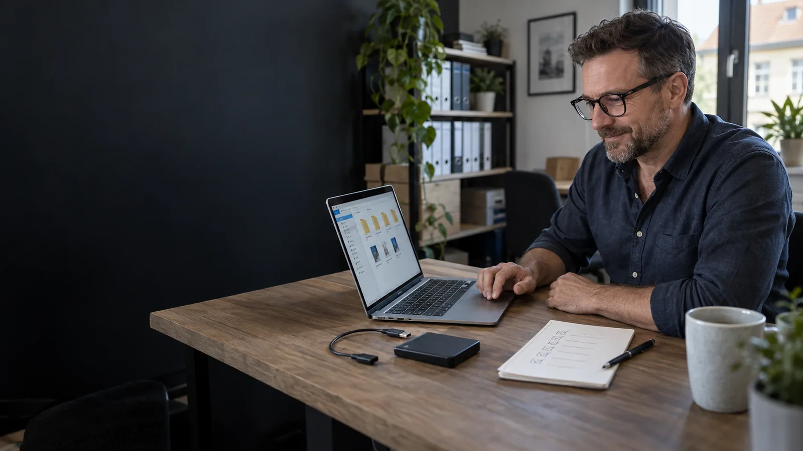 Unternehmer prüft wiederhergestellte Dateien am Laptop neben einer getrennten Backup-Festplatte und Checkliste