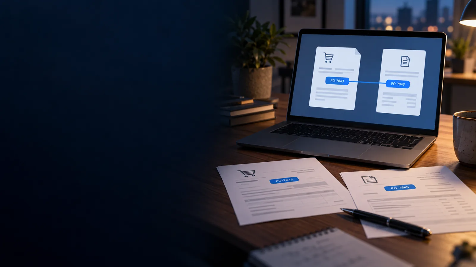 Laptop und zwei Dokumente mit übereinstimmenden blauen Bestellreferenzen verbinden in einer fiktiven Darstellung Bestellung und E-Rechnung