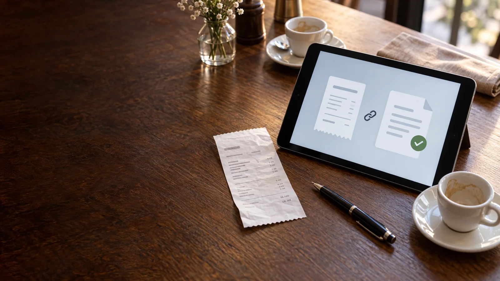 Restaurantbeleg neben einem Tablet mit zwei verknüpften Dokumenten und einem Freigabehaken auf einem Tisch mit Espressotassen
