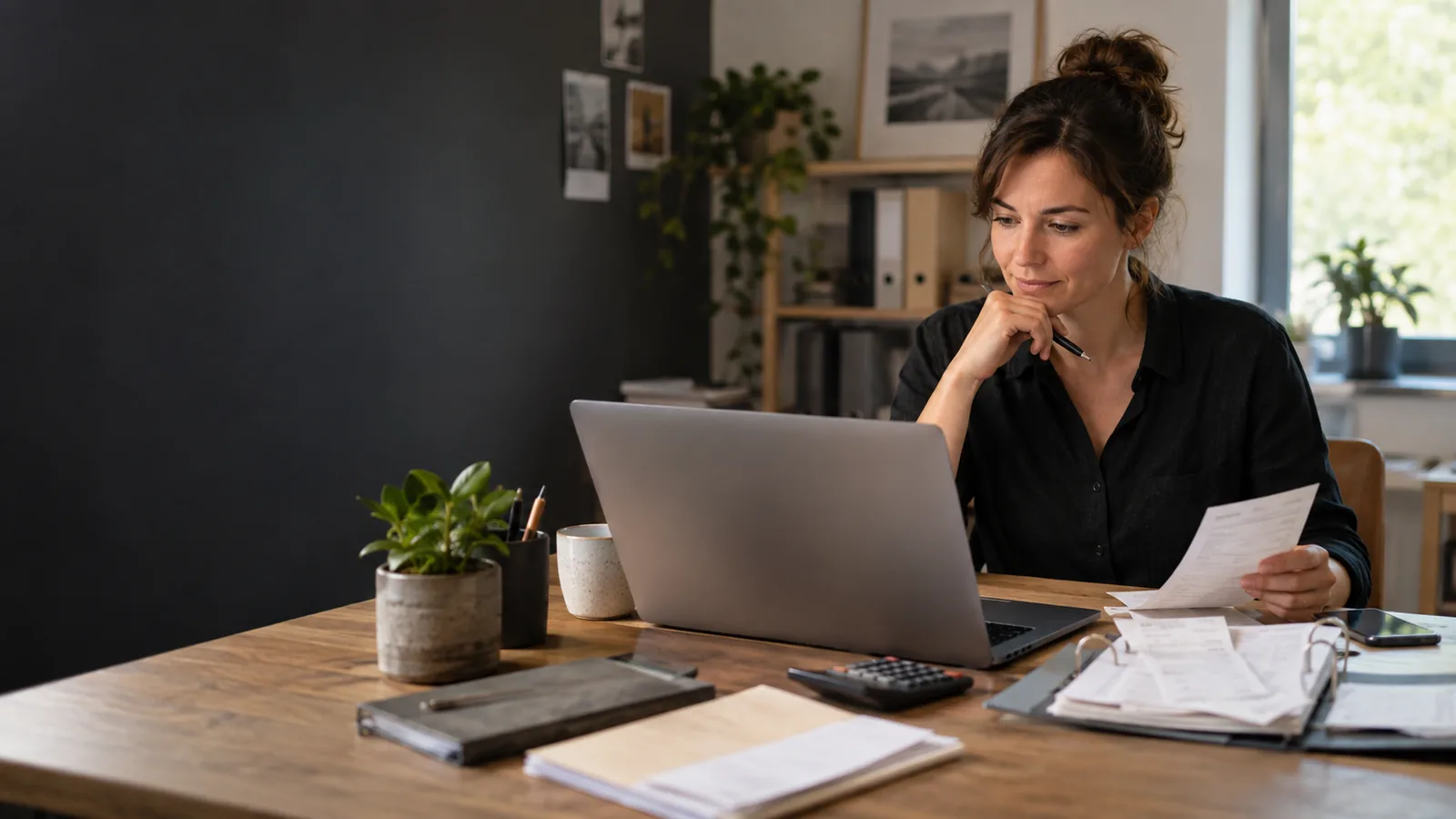 Selbstständige prüft am Laptop ihre Jahreszahlen und sortierte Belege für die Anlage EÜR