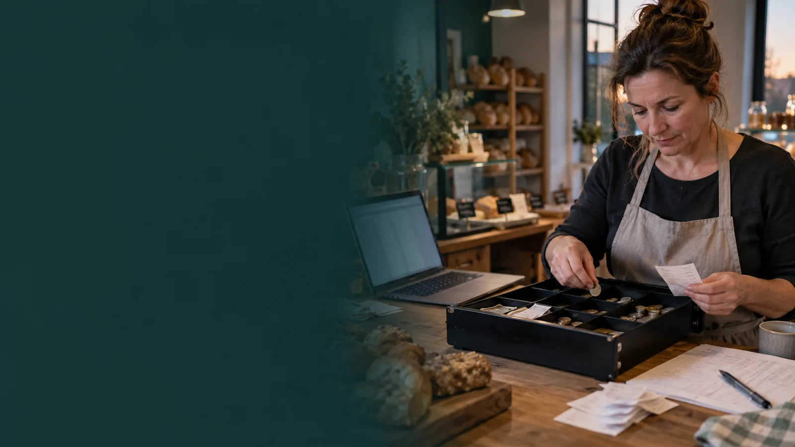 Inhaberin einer kleinen Bäckerei zählt Bargeld in der Kassenlade und gleicht es mit dem Tagesbericht am Laptop ab