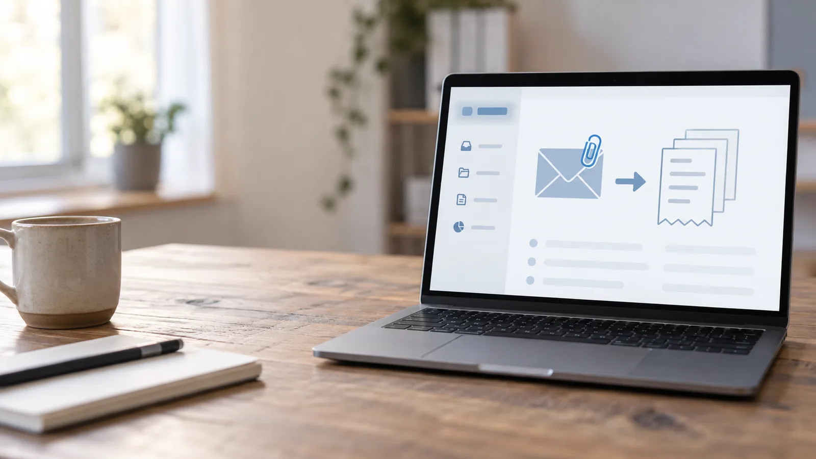 Laptop mit fiktivem Rechnungseingang: E-Mail mit Anhang führt zu drei Dokumenten in einer Prüfwarteschlange