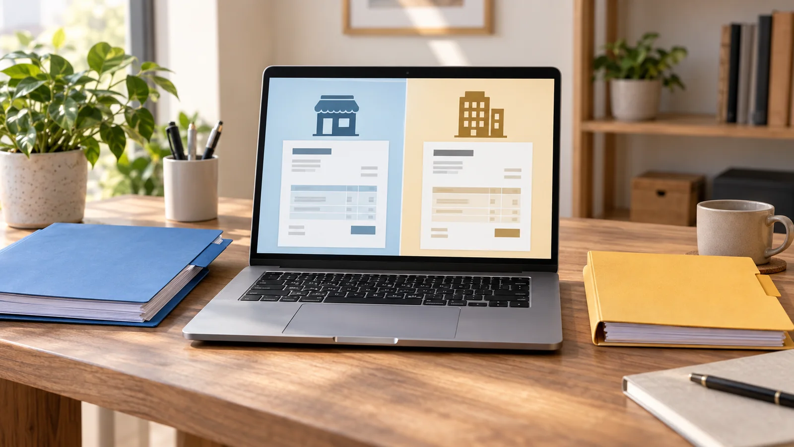 Laptop mit zwei getrennten schematischen Rechnungsbereichen in Blau und Gelb neben zwei entsprechend markierten Dokumentenmappen