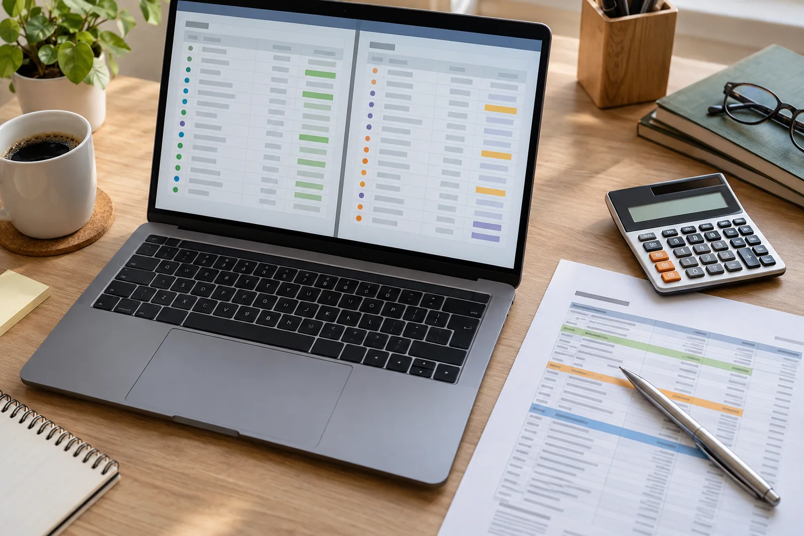 Laptop mit zwei schematischen Transaktionslisten neben einem markierten Kontoauszug und Taschenrechner für den Abgleich von Zahlungen und Banktransfers