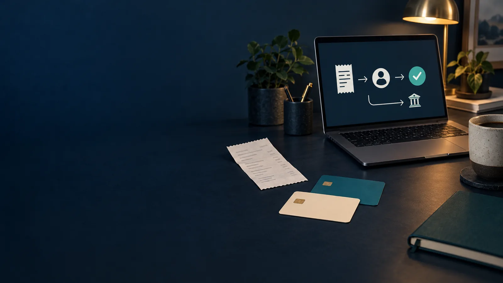 Einkaufsbeleg und zwei unterschiedlich gefärbte Zahlungskarten neben einem Laptop mit fiktivem Ablauf für privat bezahlte Betriebsausgaben