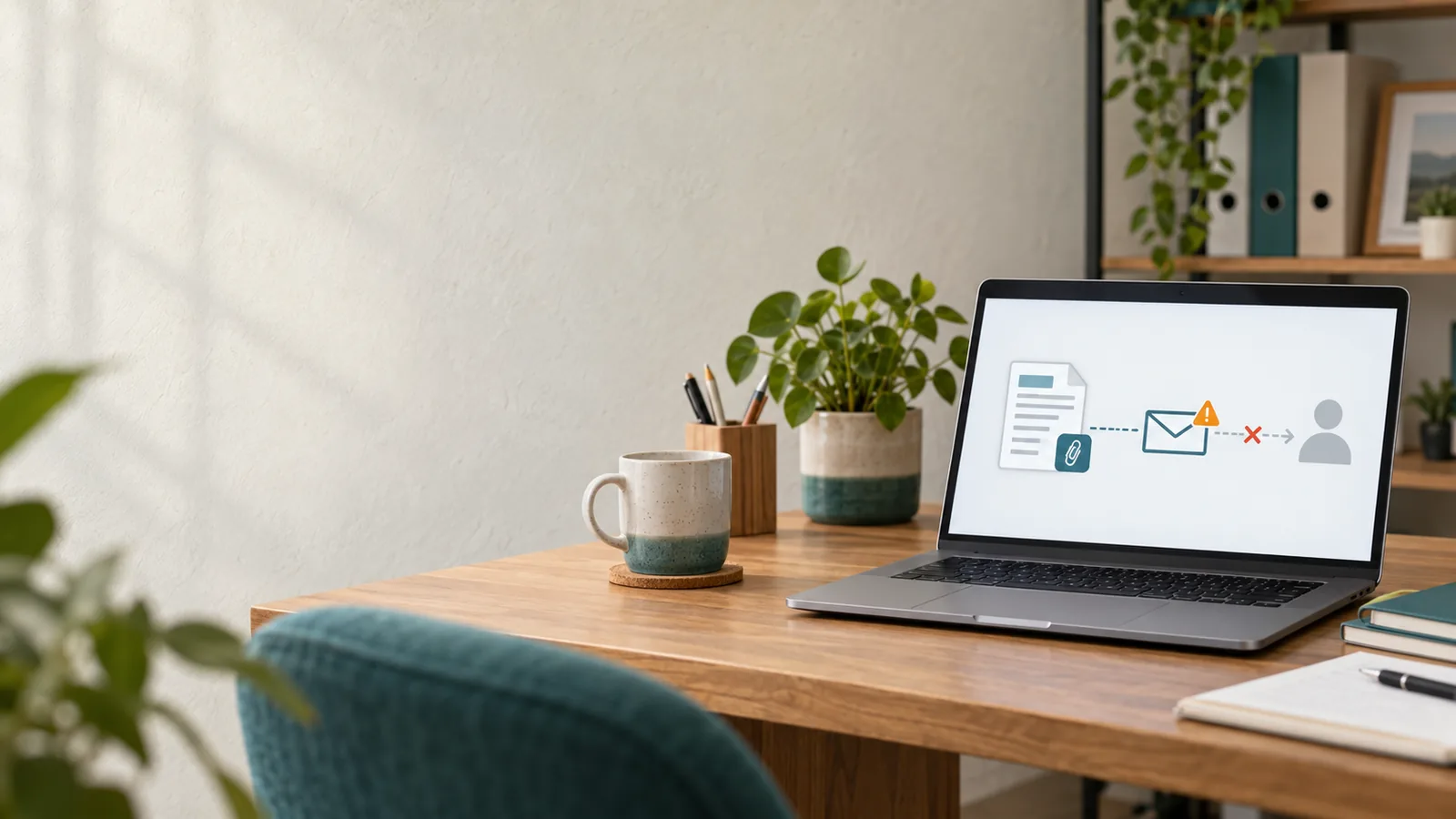 Laptop mit einer fiktiven Darstellung von Rechnungsanhang, E-Mail und Warnsymbol vor einem nicht erreichten Empfänger