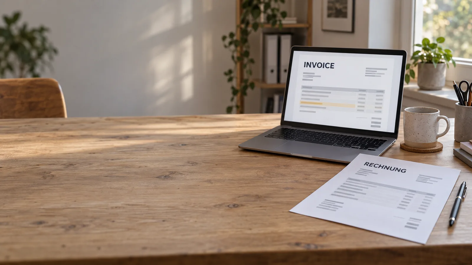 Laptop mit fiktiver englischer Rechnung und markierter Position neben einem deutschen Rechnungsdokument zur Sprachprüfung
