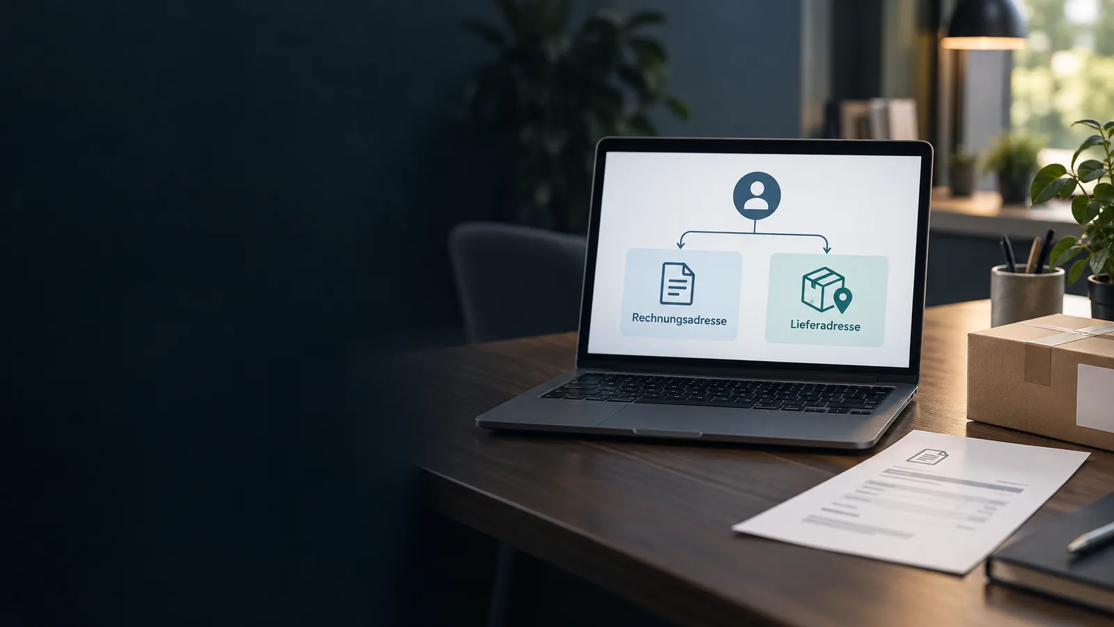 Laptop mit einer fiktiven Darstellung getrennter Rechnungsadresse und Lieferadresse für denselben Kunden neben Paket und Rechnung