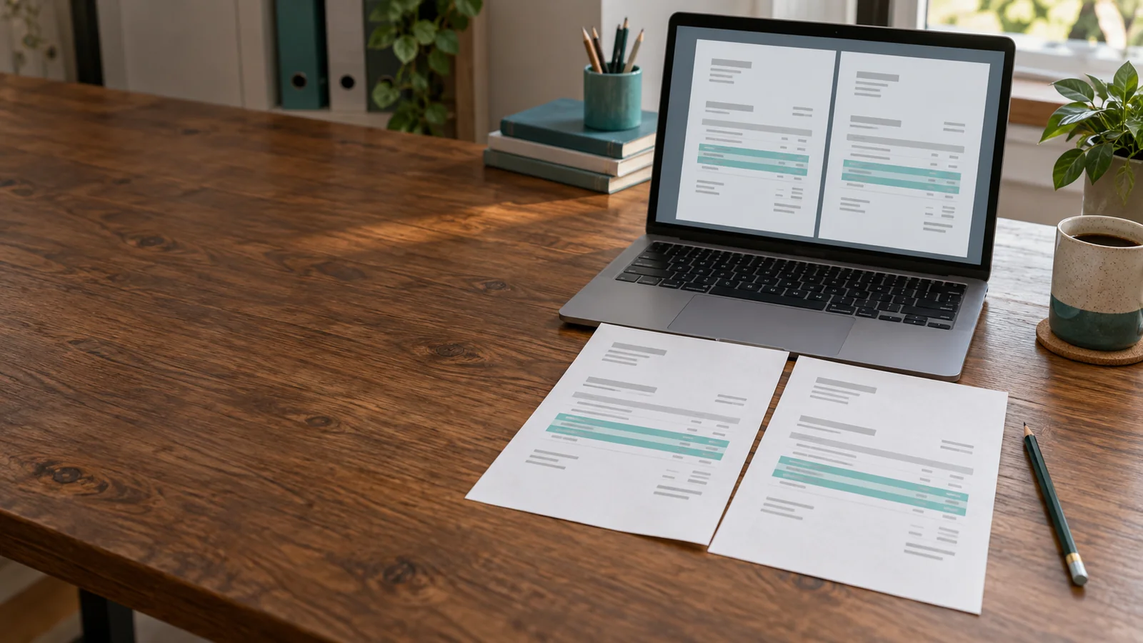 Laptop mit zwei schematischen Rechnungsansichten und zwei ähnlichen Papierbelegen mit türkis markierten Zeilen auf einem Holzschreibtisch