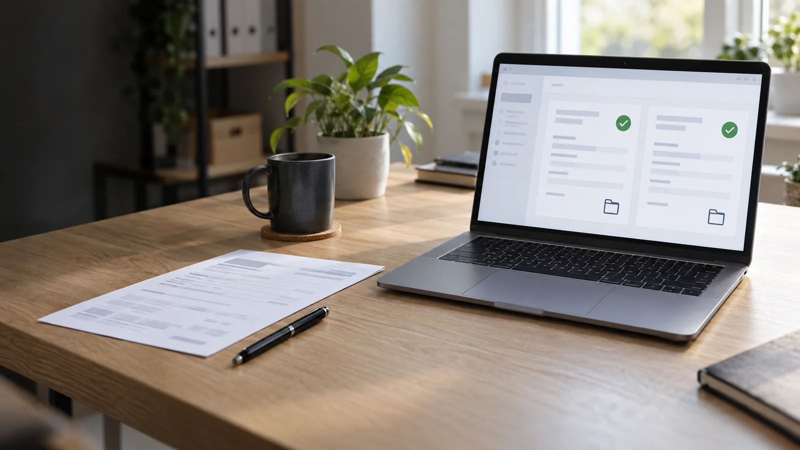 Laptop mit zwei neutralen Kundendokumenten, Prüfhaken und Ordnersymbolen neben einem Papierbogen zur dokumentierten USt-ID-Prüfung