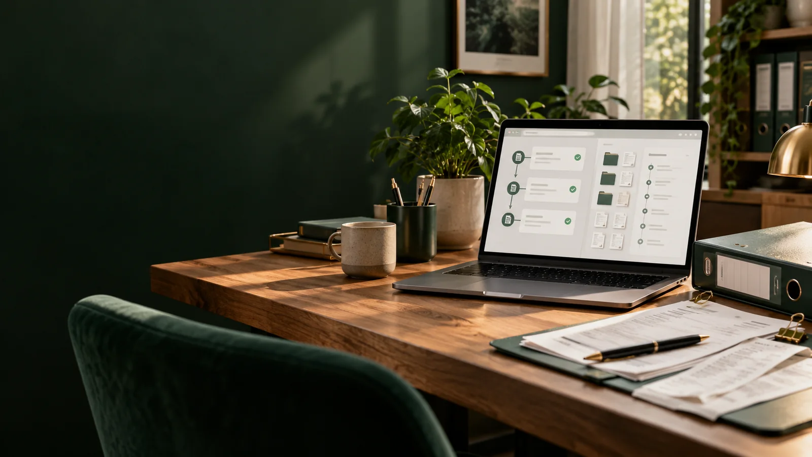 Digitaler Buchhaltungsprozess mit Belegen, dokumentierten Arbeitsschritten und Versionsübersicht auf einem Laptop