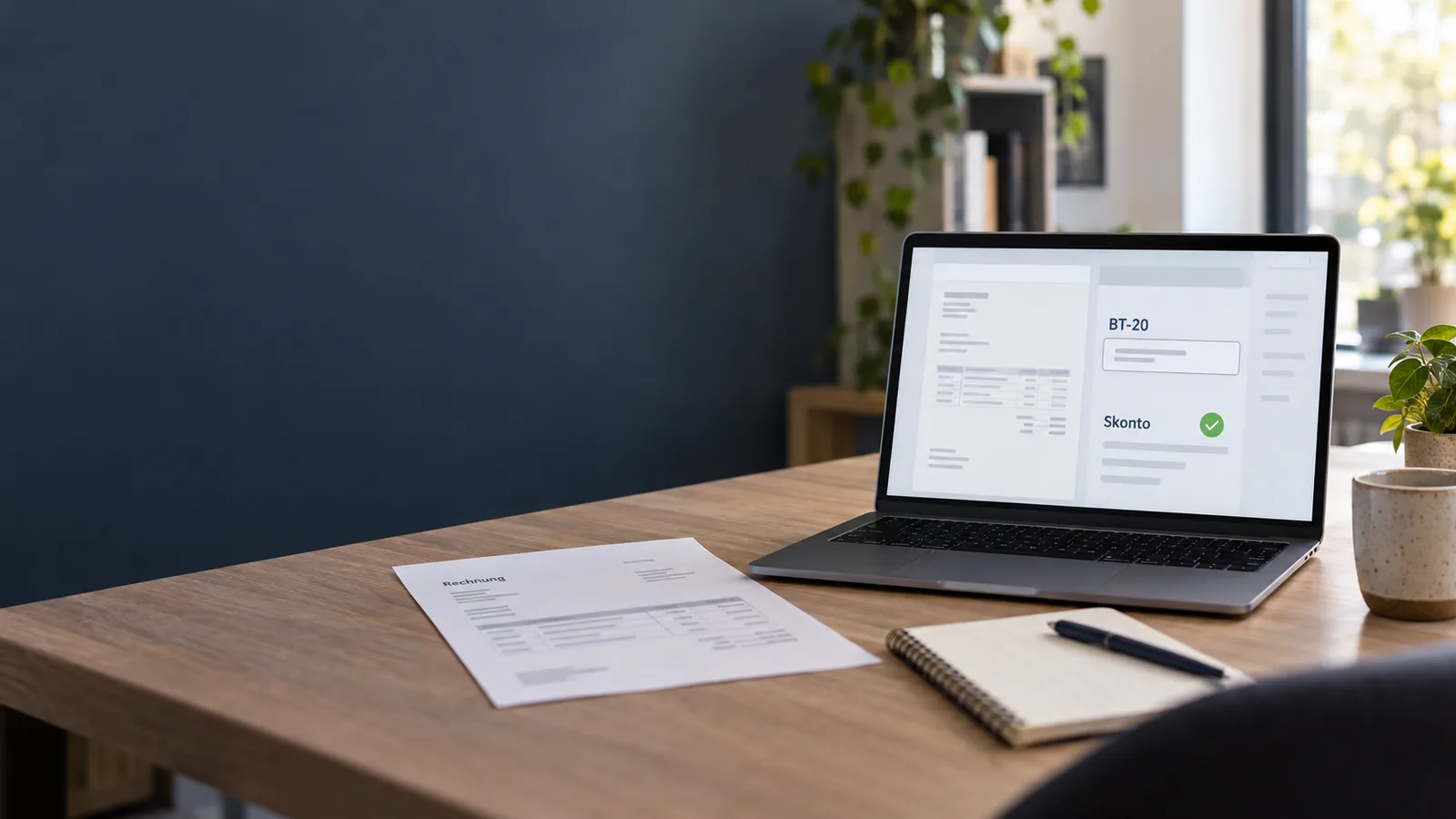 Laptop mit einer fiktiven Prüfung der Zahlungsbedingungen BT-20 und Skonto neben einer Rechnung und einem Notizbuch