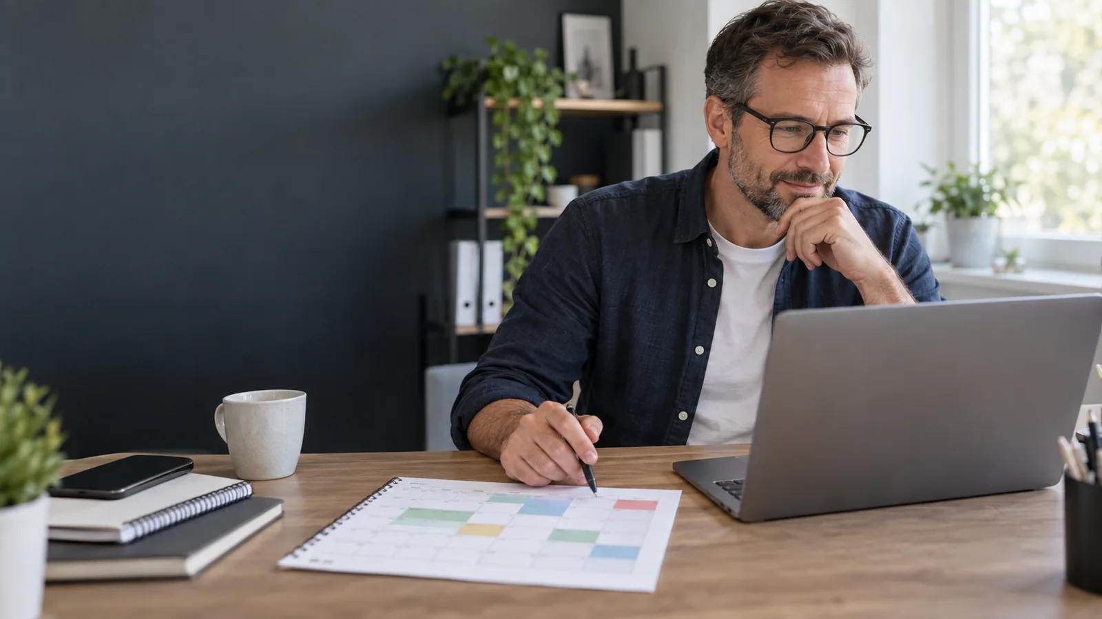 Kleinunternehmer prüft am Laptop einen Wochenplan mit farblich getrennten Arbeits- und Abwesenheitstagen