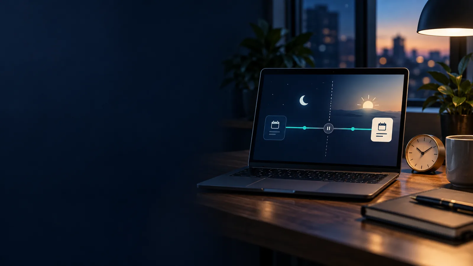 Laptop mit einer fiktiven Zeitachse zwischen zwei Kalendertagen, Mond und Morgensonne neben einer Uhr auf einem nächtlichen Schreibtisch