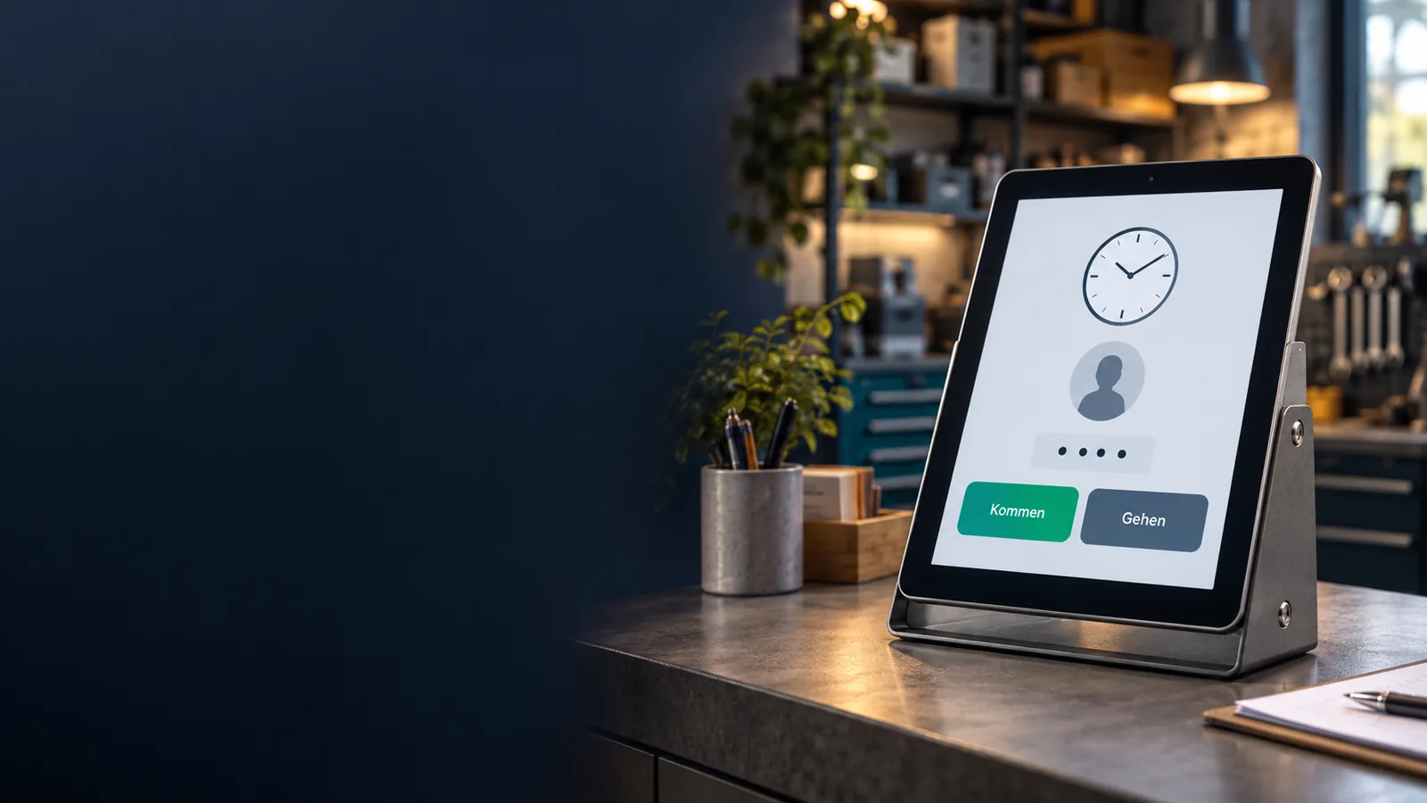 Gemeinsam genutztes Tablet im Standfuß mit fiktiver Zeiterfassungsoberfläche, verdeckter PIN und Tasten für Kommen und Gehen